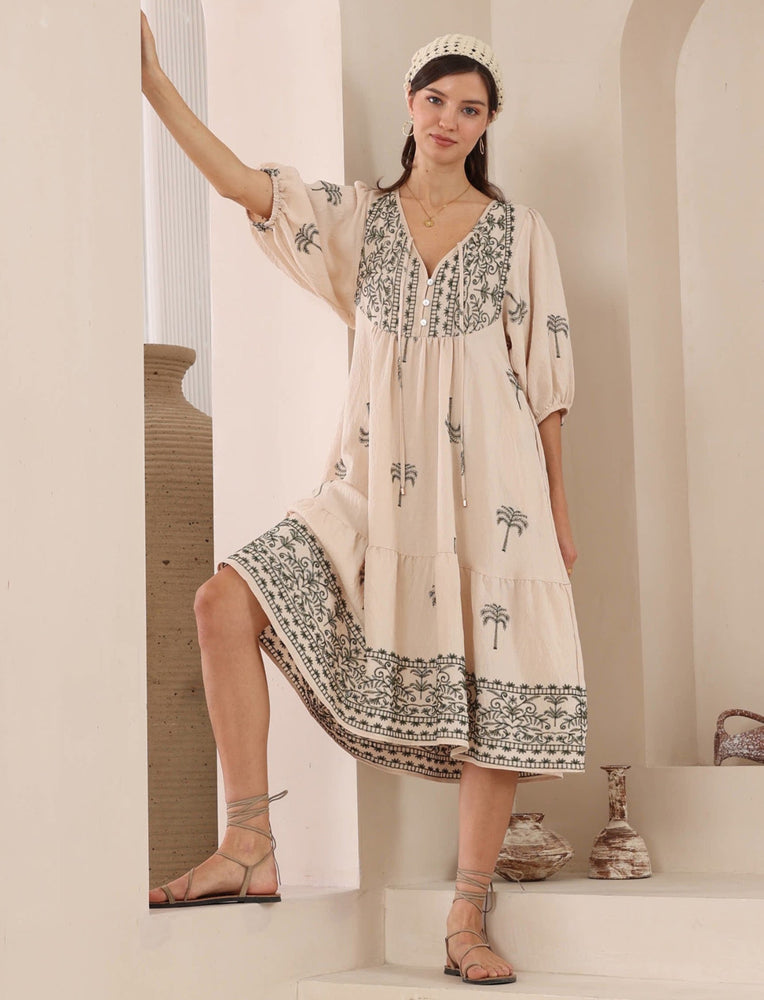 Palm Embroidered Boho Dress