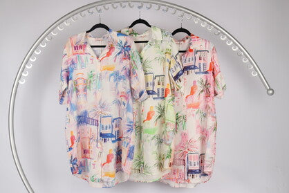 Italian Made Linen Shirt Dress - Ocean Blue/Pink