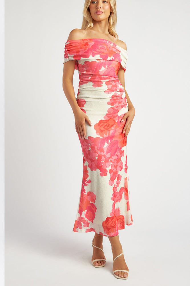 Off Shoulder Maxi Dress - Pink Floral LAST ONE XL/16
