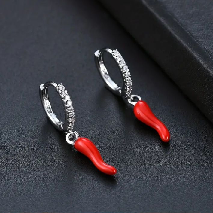 Huggie Hoop Earrings- SS925 Silver/Red Chilli