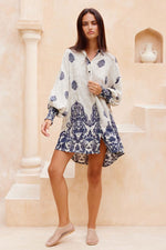 Boho Cocktail Dress - Blue-Black/Natural - Rayon