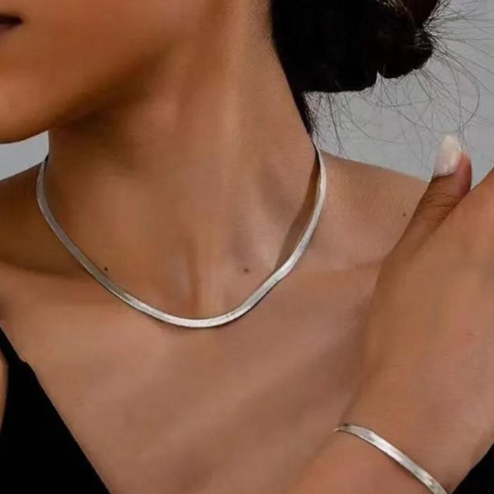 Set Solid Necklace and Bracelet - Silver 14KGP