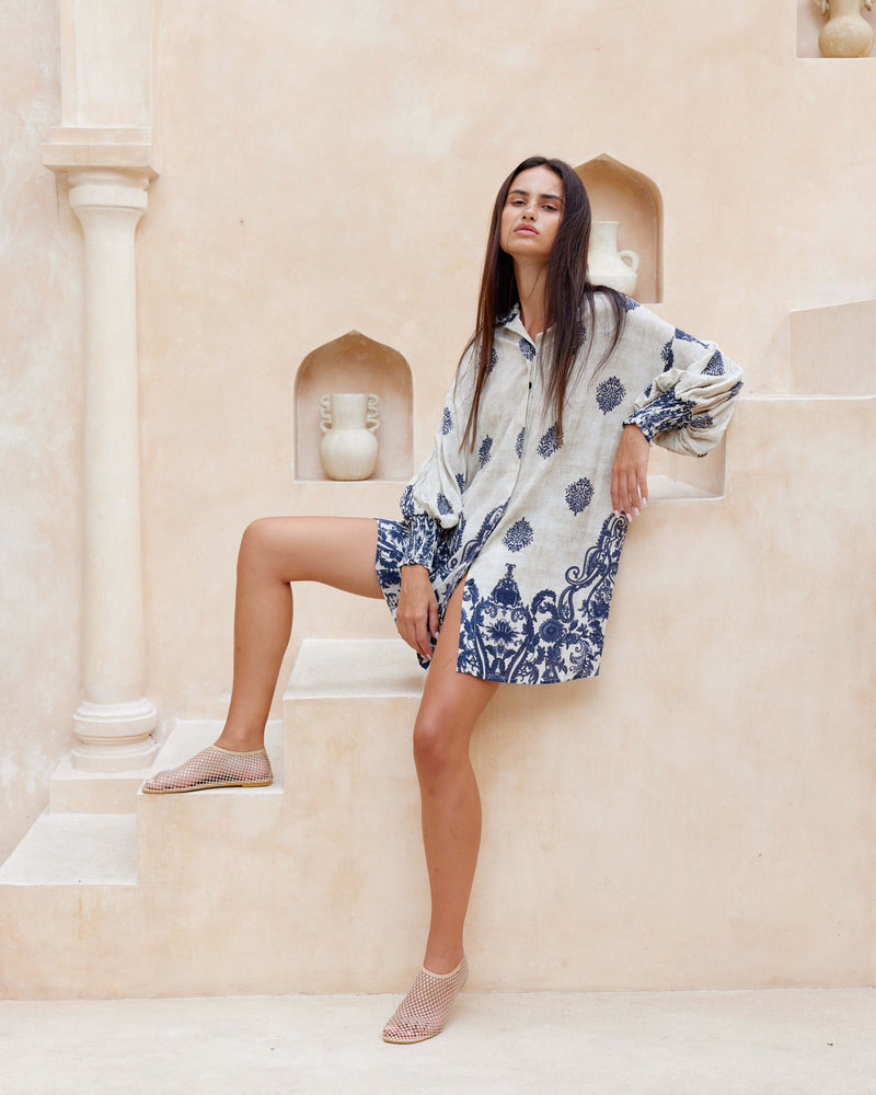 Boho Cocktail Dress - Blue-Black/Natural - Rayon