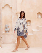 Boho Cocktail Dress - Blue-Black/Natural - Rayon